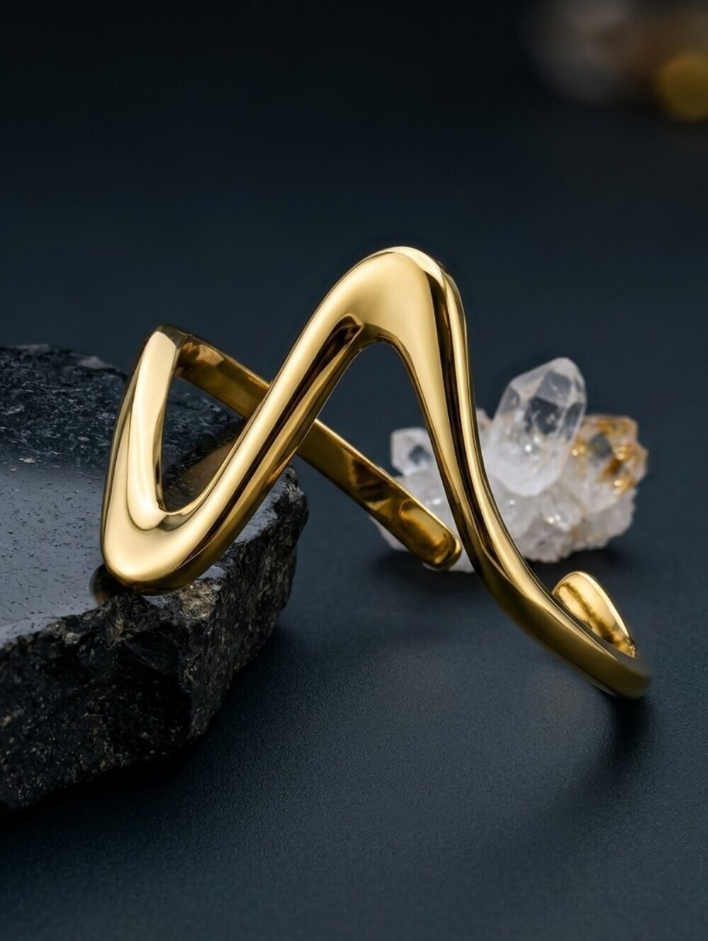 18K Gold Plated 304 Stainless Steel Wave Ring Adjustable Squiggle Modern 6-9
